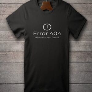 Black t-shirt with 'Error 404 - Costume Not Found' tech joke design.